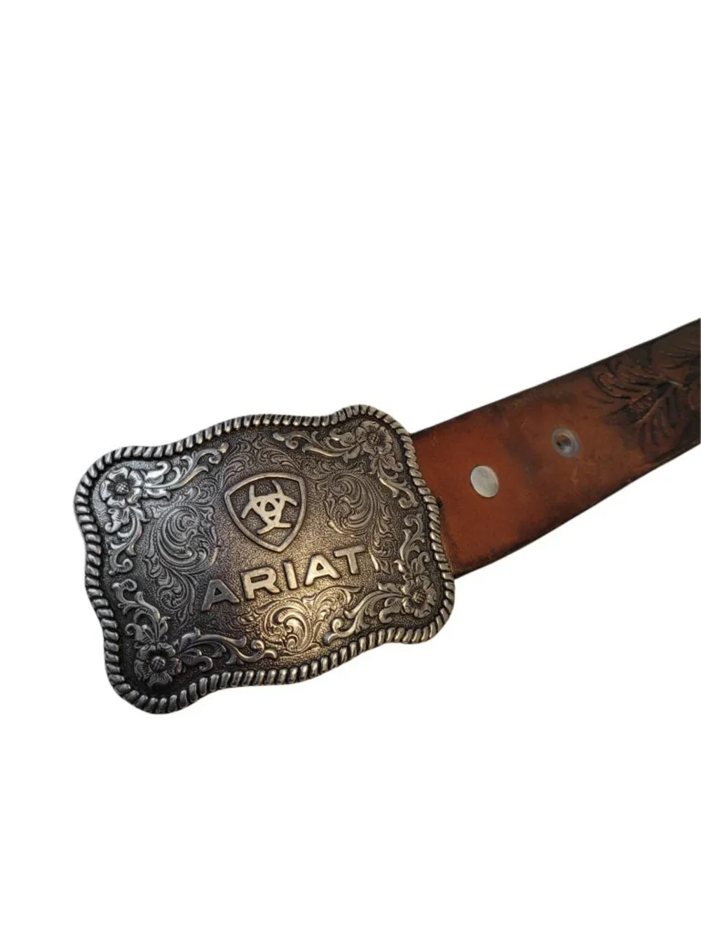 Ariat Floral Embossed Belt Buckle with Hand Tooled Leather Belt